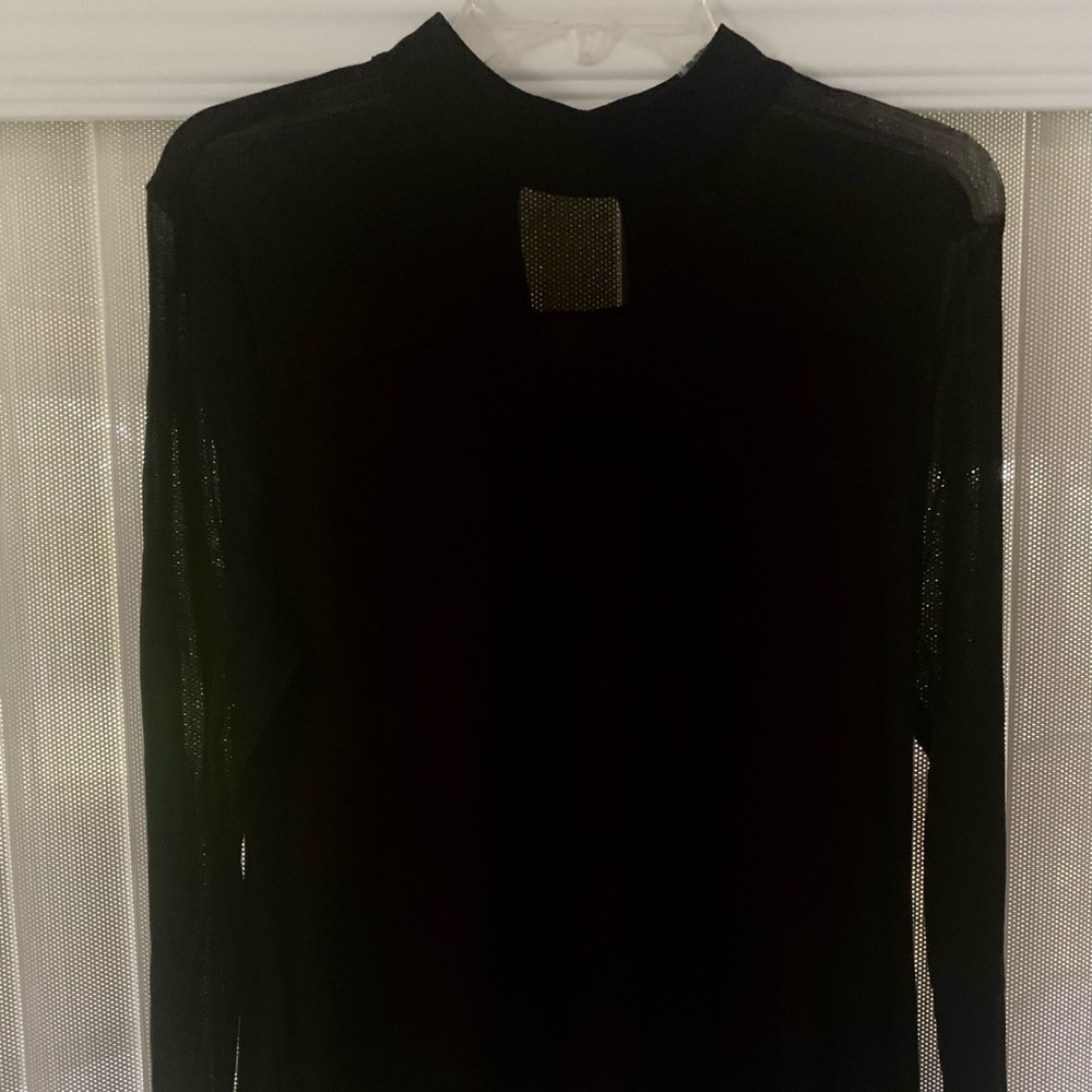INC Black Top with sheer neckline and  sleeves.